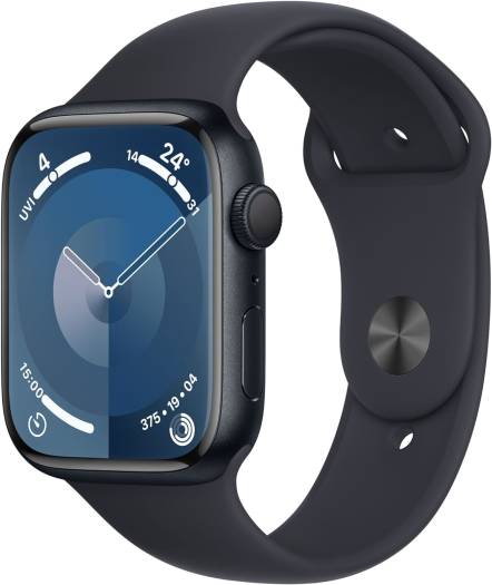 Apple Watch Series 9 (GPS, 45mm) featuring a midnight aluminum case, M/L midnight sport band, always-on Retina display, fitness tracking, and Blood Oxygen & ECG apps, in midnight.