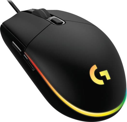 Logitech G203 Wired Gaming Mouse – features an 800 DPI optical sensor, 6 programmable buttons, and LIGHTSYNC RGB lighting in black.