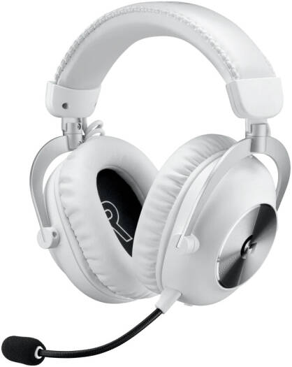 Logitech G PRO X 2 LIGHTSPEED Wireless Gaming Headset in White, featuring a detachable boom microphone and connectivity via Bluetooth, USB, or 3.5mm AUX, compatible with PC, PS5, PS4, and Nintendo Switch.