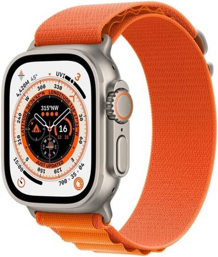 Apple Watch Ultra with GPS + Cellular, 49mm titanium case, orange Alpine Loop (Small), customizable Action Button, and up to 36 hours of battery life