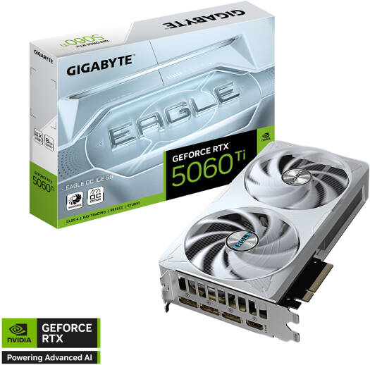 GIGABYTE GeForce RTX 5060 Ti EAGLE OC ICE Graphics Card with 16GB GDDR7 128-bit memory, 2617 MHz boost clock, 28 Gbps memory speed, PCI Express 5.0 interface, finished in white.