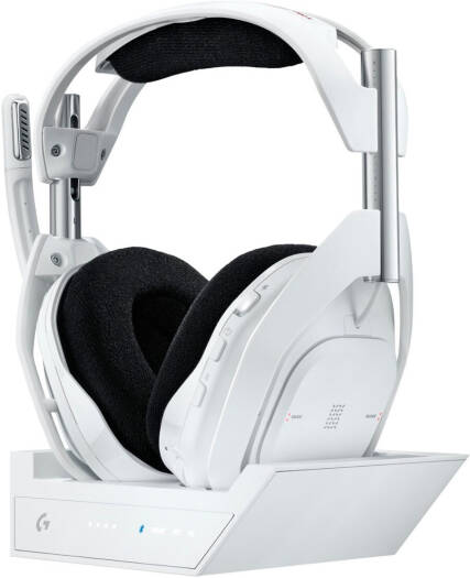 Logitech Astro A50 X LIGHTSPEED Wireless PLAYSYNC Gaming Headset with Base Station in White, featuring 40mm PRO-G GRAPHENE drivers, up to 24 hours of playtime, 24-bit audio support, HDMI 2.1 passthrough, compatible with Xbox Series X|S, PS5, and PC.