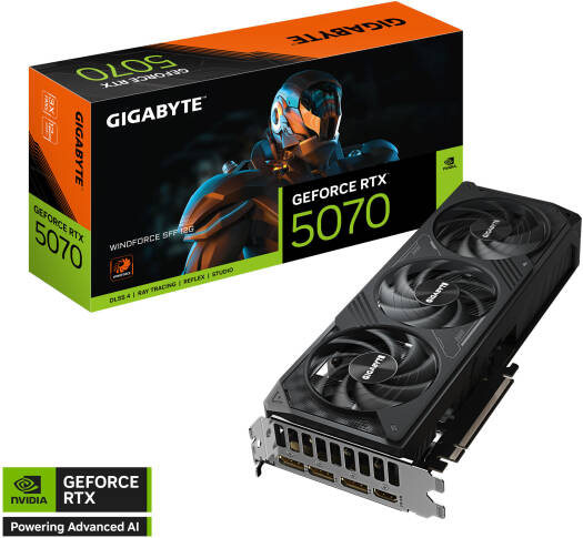 Gigabyte GeForce RTX 5070 WINDFORCE SFF Graphics Card – 12GB GDDR7 192-bit memory, 2512 MHz core clock, 28 Gbps memory speed, 6,144 CUDA cores, PCI Express 5.0 interface.