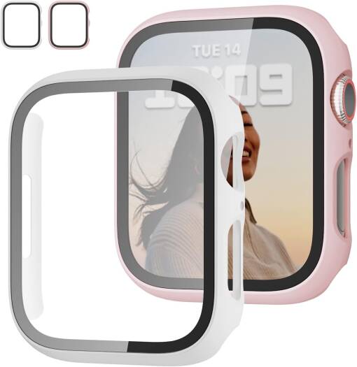 JZK 2-Pack Case with Tempered Glass Screen Protector – Slim Full-Coverage Hard PC Protective Bumper for Apple Watch Series 6/5/4/SE (44mm), Ultra-Thin HD Cover, Pink & White