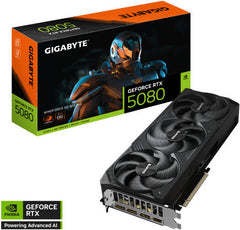 GIGABYTE GeForce RTX 5080 WINDFORCE OC SFF Graphics Card featuring 16GB GDDR7 (256-bit), a 2670 MHz boost clock, 30 Gbps memory speed, PCIe 5.0 interface, and a sleek black design.