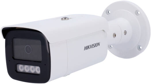 Hikvision 4MP Smart Hybrid Light ColorVu Fixed Bullet Network Camera with a 1/1.8" progressive scan CMOS sensor, 4mm lens, F1.0 aperture, and 850 nm IR illumination, in white.