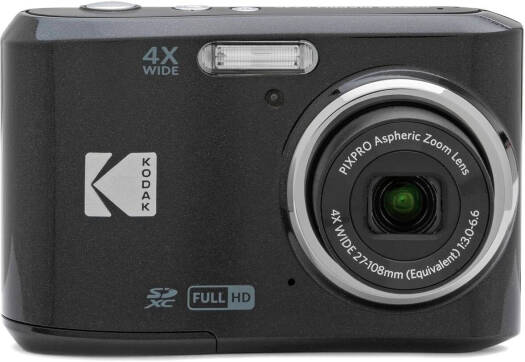 Kodak PIXPRO FZ45 digital camera in black, featuring a 16.35MP sensor, 4× optical zoom, 2.7-inch LCD, multiple shooting modes, face and pet detection, and digital image stabilization.