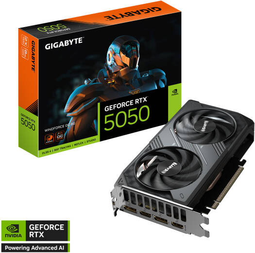 GIGABYTE GeForce RTX 5050 WINDFORCE OC Graphics Card with 8GB GDDR6 memory, 128-bit interface, 2587 MHz boost clock, 20 Gbps memory speed, 2560 CUDA cores, and PCIe 5.0 support.