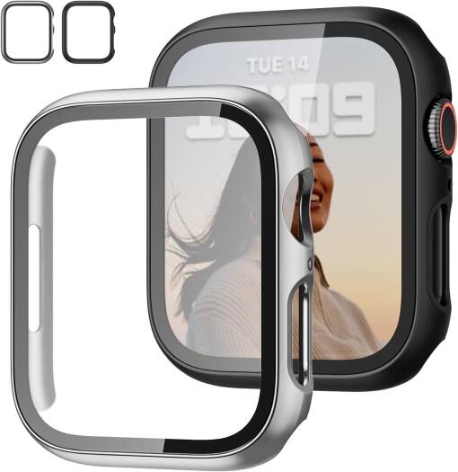 JZK 2-Pack Case with Tempered Glass Screen Protector – Slim Full-Coverage Hard PC Protective Bumper for Apple Watch Series 6/5/4/SE (44mm), Ultra-Thin HD Cover, Black & Silver