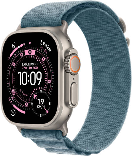Apple Watch Ultra 3 Smartwatch with Always-On Retina Display, S10 Chip, up to 42 hours battery life, GPS + Cellular, 49mm Natural Titanium Case, and Light Blue Alpine Loop Band (Medium 145–190mm).