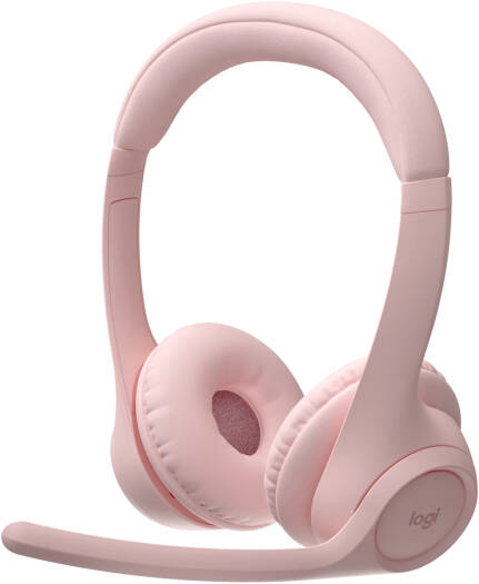 Logitech Zone 300 Wireless Headset in Rose, featuring 30mm drivers, dual beamforming microphones with noise-canceling technology, Bluetooth 5.3 connectivity, and a 1m USB-C charging cable.