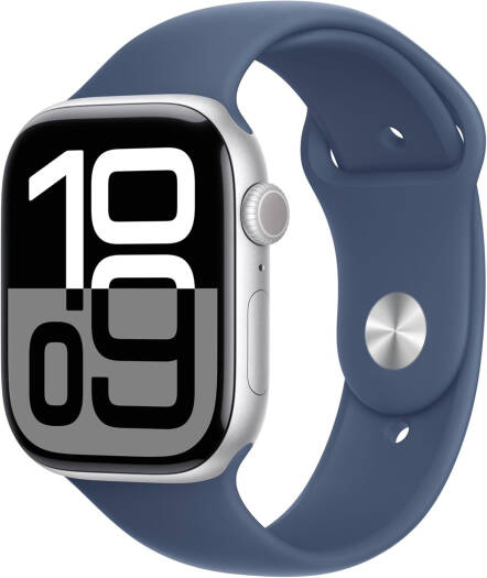 Apple Watch Series 10 featuring an always-on LTPO3 Retina display, S10 SiP dual-core processor, 4-core neural engine, watchOS 11, GPS, a 46mm silver aluminum case, and an M/L denim sport band.