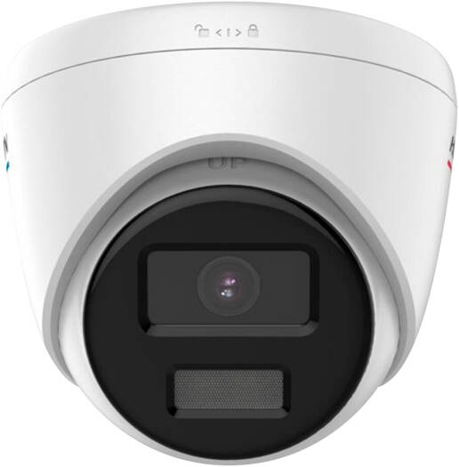 Hikvision 2MP ColorVu Fixed Turret Network Camera with Smart Hybrid Light, featuring a 1/2.8" progressive scan CMOS sensor, 2.8mm fixed lens, and F1.0 aperture. White finish.