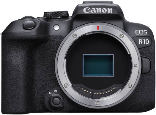 Canon EOS R10 Mirrorless Camera – Black (Body Only), featuring a 24.2MP APS-C CMOS Sensor, Dual Pixel CMOS AF II, DIGIC X Image Processor, 2.36m-dot OLED EVF, and 1.04m-dot vari-angle touchscreen LCD.