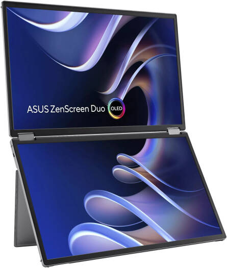 ASUS ZenScreen Duo OLED MQ149CD Foldable Portable Monitor featuring dual 14" OLED screens, FHD resolution, 60Hz refresh rate, 1ms (GtG) response time, and 1073.7 million color display.