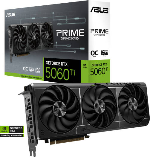 ASUS PRIME GeForce RTX 5060 Ti 16GB GDDR7 OC Edition Graphics Card featuring 16GB GDDR7 (128-bit), 2617 MHz boost clock, 28 Gbps memory speed, 4608 CUDA cores, and PCIe 5.0 support.