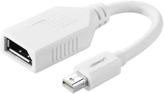 UGREEN 10445 Mini DisplayPort (Male) to DisplayPort (Female) Cable, supports up to 8.64 Gbps with 8b/10b data transmission, delivers full-bandwidth 2560×1600 @ 60Hz. Length: 0.15m (15 cm). Color: White.