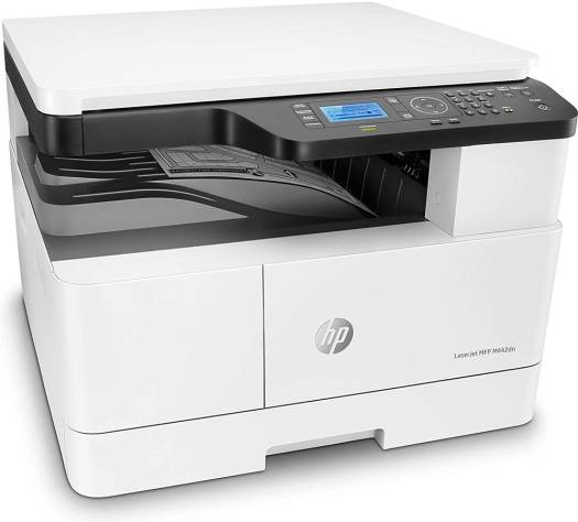 HP LaserJet M442dn – Multifunction laser printer with Print, Copy, and Scan functions, up to 24 ppm black print speed, 1200 x 1200 dpi resolution, 4-line LCD display, Hi-Speed USB 2.0 and Ethernet 10/100 connectivity, White.