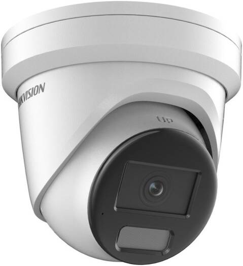 Hikvision 8MP Smart Hybrid Light ColorVu Fixed Turret Network Camera with efficient H.265+ compression, built-in microphone, and IP67-rated water and dust resistance. White finish.