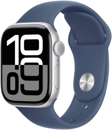 Apple Watch Series 10 GPS, 42mm Silver Aluminum Case with Denim Sport Band (S/M), 64GB, Always-On Retina Display, Water Resistant.