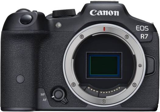 Canon EOS R7 Mirrorless Camera (Body Only) – featuring a 32.5MP APS-C sensor, DIGIC X Image Processor, 4K 60p video recording, Dual Pixel CMOS AF with subject detection, ideal for professionals and content creators.