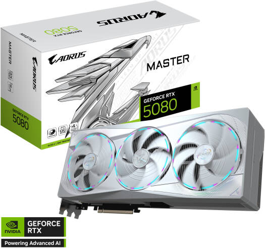 Gigabyte AORUS GeForce RTX 5080 Master Ice Graphics Card – 16GB GDDR7 256-bit memory, 2805 MHz core clock, 30 Gbps memory speed, 10,752 CUDA cores, PCI Express 5.0 interface, White.