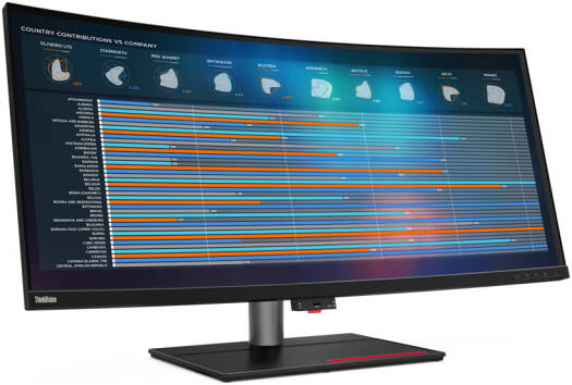 Lenovo ThinkVision P40w-20 curved 40-inch IPS monitor with WUHD resolution, 75Hz refresh rate, 4ms (Extreme Mode) response time, 1.07 billion color support, 2500R curved screen, in black.