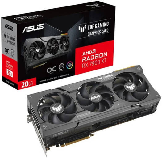 ASUS TUF Gaming Radeon RX 7900 XT OC Graphics Card featuring 20GB GDDR6 (320-bit), 20 Gb/s memory speed, 2535 MHz boost clock, 5376 stream processors, PCIe 4.0, with HDMI 2.1 and DisplayPort 2.1 outputs.