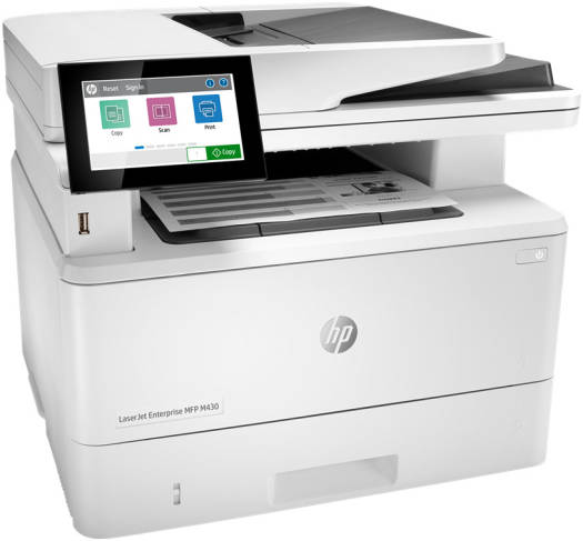 HP LaserJet Enterprise MFP M430f – Monochrome laser printer with Print, Scan, Copy, and Fax functions, up to 42 ppm black print speed, 1200 x 1200 dpi resolution, automatic duplex printing, 250-sheet input tray, USB 2.0 and Ethernet connectivity