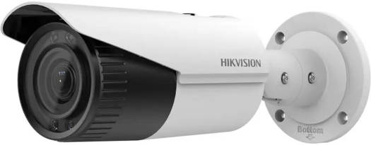 Hikvision 2MP WDR varifocal bullet network camera with a 2.8–12mm motorized lens, H.265+ compression, up to 60m IR range, RJ45 Ethernet, and IP67-rated water and dust resistance (white).