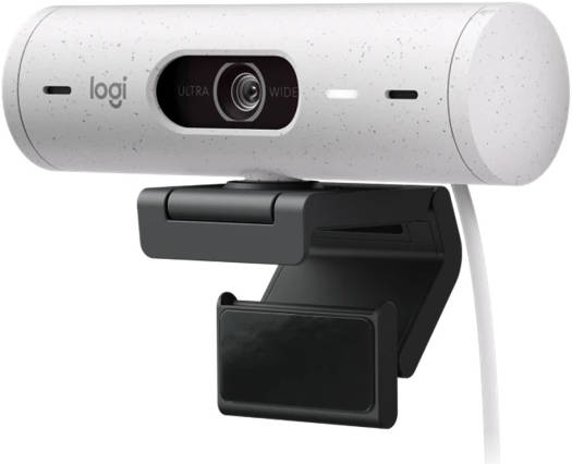 Logitech Brio 500 Full HD 1080p webcam with automatic light correction, Show Mode feature, dual noise-reducing microphones, built-in privacy cover, USB-C connectivity, and compatibility with Microsoft Teams, Google Meet, and Zoom — Off-White finish.