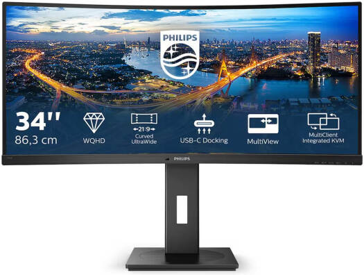 Philips B Line Series Curved Monitor – Black, featuring a 34" VA display with WQHD resolution, 100Hz refresh rate, 4ms (GtG) response time, 1500R curvature, SmartImage technology, flicker-free performance, and USB-C connectivity.