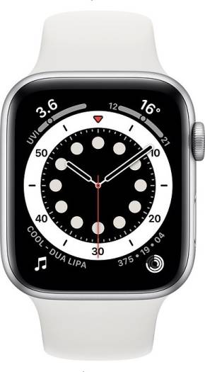 Apple Watch Series 6 with GPS + Cellular, 44mm silver aluminum case, paired with a silver sport band