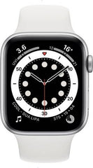 Apple Watch Series 6 with GPS + Cellular, 44mm silver aluminum case, paired with a silver sport band