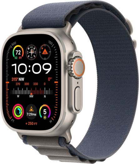 Apple Watch Ultra 2 (GPS + Cellular, 49mm) with a rugged titanium case, large blue Alpine Loop, bright Retina display, fitness tracking, GPS, Action button, and extended battery life.