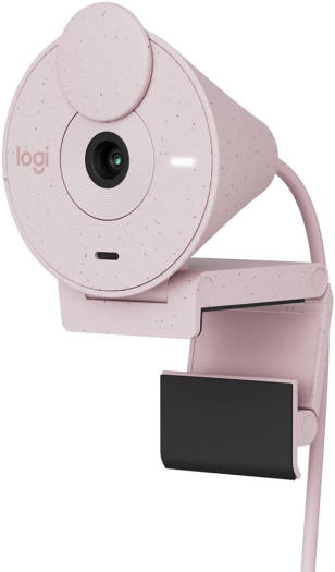 Logitech Brio 300 Full HD webcam featuring a 2MP sensor, 70° field of view, built-in privacy shutter, automatic light adjustment, 30 fps video, USB-C connection, and a 1.22m microphone pickup range — Rose Pink finish.