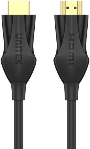 Unitek 8K Ultra High-Speed HDMI Cable with support for 8K at 60Hz, delivering 48Gbps bandwidth, featuring bare copper conductors, braided shielding, a flexible PVC jacket, gold-plated connectors, 1-meter length, in black.