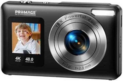 Promage PC110 4K dual-screen digital camera in black, featuring a 5MP CMOS sensor, LED flash, autofocus, 2.4″ main and 1.3″ secondary IPS LCD screens, 18× digital zoom, and built-in 800mAh battery.