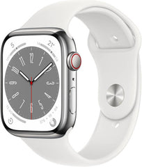 Apple Watch Series 8 with GPS, 45mm silver aluminum case, paired with a white sport band (Regular)