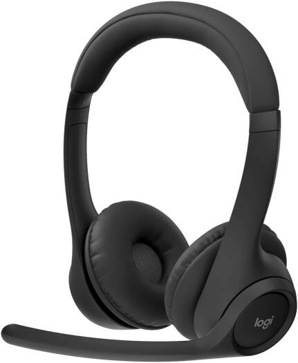 Logitech Zone 300 Wireless Headset in Midnight Black, featuring 30mm drivers, dual beamforming microphones with noise-canceling technology, Bluetooth 5.3 connectivity, and a 1-meter USB-C charging cable.