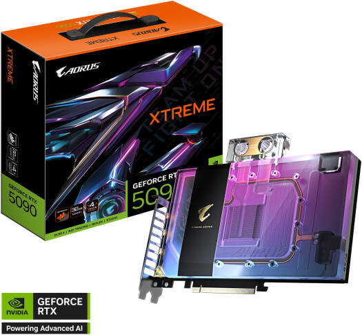 GIGABYTE AORUS GeForce RTX 5090 XTREME WATERFORCE WB Graphics Card, featuring 32GB GDDR7 512-bit memory, 2655MHz boost clock, 21,760 CUDA cores, 28Gbps memory speed, and PCI Express 5.0 interface.