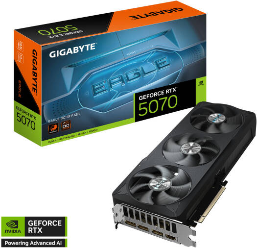 GIGABYTE GeForce RTX 5070 EAGLE OC SFF Graphics Card with 12GB GDDR7 192-bit memory, 2587 MHz boost clock, 28 Gbps memory speed, 6144 CUDA cores, and PCI Express 5.0 interface.