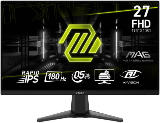 MSI MAG 275F Gaming Monitor – Black, featuring a 27" Rapid IPS display with Full HD resolution, 180Hz refresh rate, 0.5ms (GtG) response time, Adaptive Sync technology, 1.07 billion color support, and anti-flicker protection for smooth, vibrant gameplay.