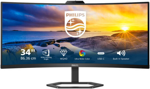 Philips 5000 Series Monitor – Black, featuring a 34" VA display with WQHD resolution, 100Hz refresh rate, 1ms (MPRT) response time, 1500R curvature, SmartImage Game, and Mega Infinity DCR.