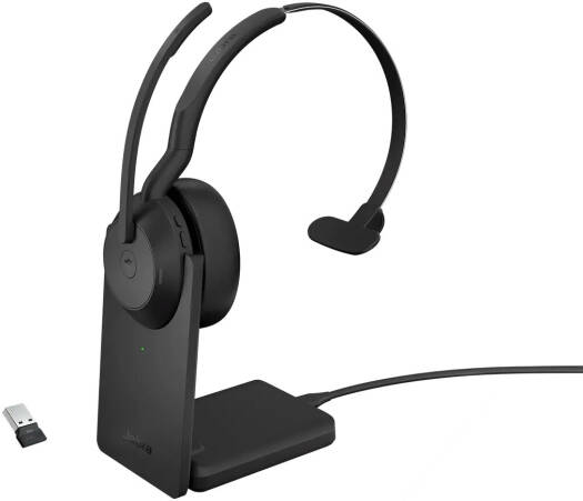 Jabra Evolve2 55 Link380a USB-A MS Mono Wireless Headset with stand, featuring 28 mm drivers, active noise cancellation, built-in microphone, up to 18 hours of battery life, USB-A connectivity, and a black design.