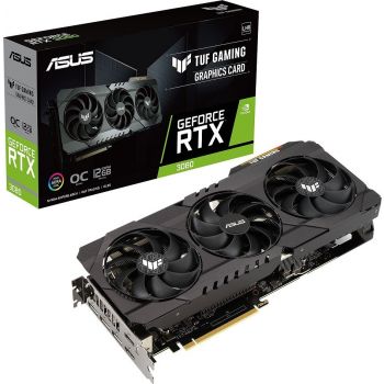 ASUS TUF GeForce RTX 3080 O12G LHR Graphics Card featuring 12GB GDDR6X (384-bit), 8960 CUDA cores, 1815 MHz boost clock, 19 Gbps memory speed, GPU Tweak II, PCIe 4.0, with HDMI and DisplayPort outputs.
