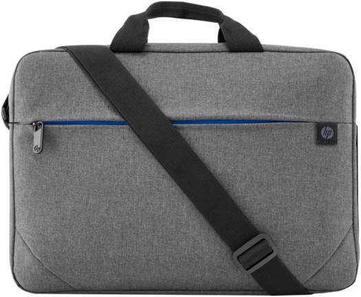 HP Prelude 15.6" Topload Laptop Bag – 14.5L capacity with a padded compartment, shoulder strap, and luggage handle strap for easy carrying; secure zipper closure in sleek grey design.