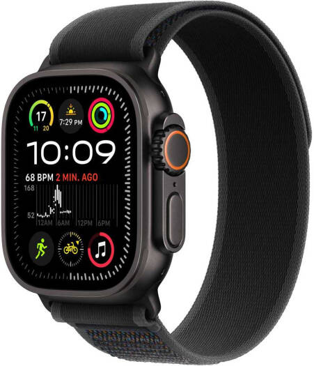 Apple Watch Ultra 2 with an always-on Retina display, S9 SiP dual-core processor and 4-core neural engine, running watchOS 11. Features GPS + Cellular, a 49mm black titanium case, and an M/L black Trail Loop band.