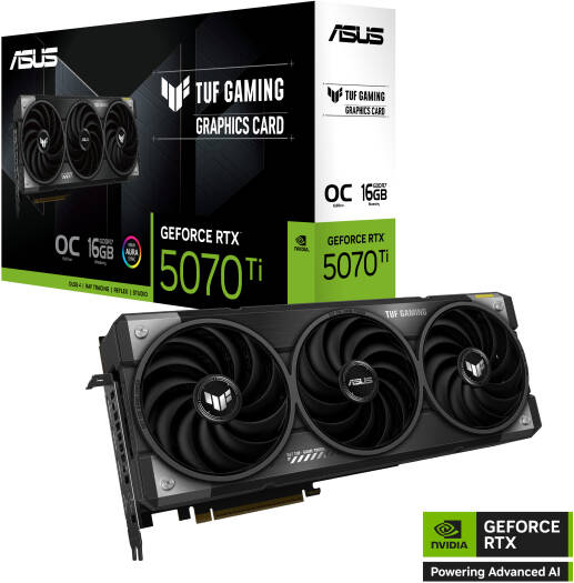 ASUS TUF Gaming GeForce RTX 5070 Ti OC Edition Graphics Card with 16GB GDDR7 (256-bit), 2588 MHz boost clock, 8960 CUDA cores, 28 Gbps memory speed, and PCIe 5.0 support.