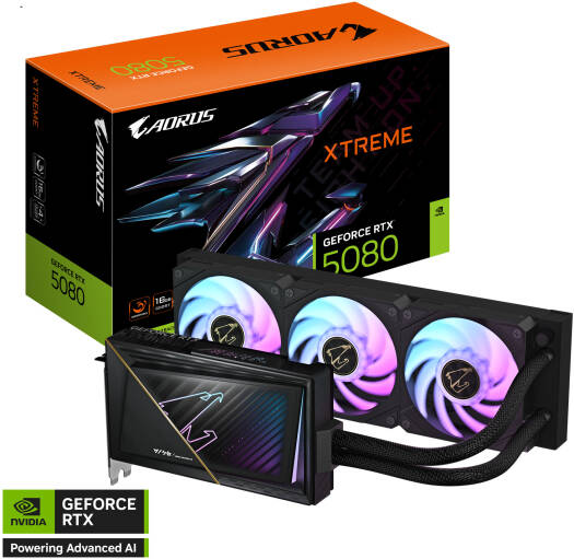 GIGABYTE AORUS GeForce RTX 5080 XTREME WATERFORCE Graphics Card with 16GB GDDR7 (256-bit), a 2805 MHz boost clock, 30 Gbps memory speed, 10,752 CUDA cores, and PCIe 5.0 support.